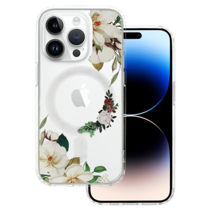 Кейс Tel Protect Flower, за IPhone 13 Pro Max, Magsafe, Защита около камерата, Прозрачен с бели цветя