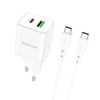 Мрежово зарядно Borofone, BN7, PD 20W QC3.0, USB+Type-C, Кабел Type C-Type C, Бързо зареждане, Бяло