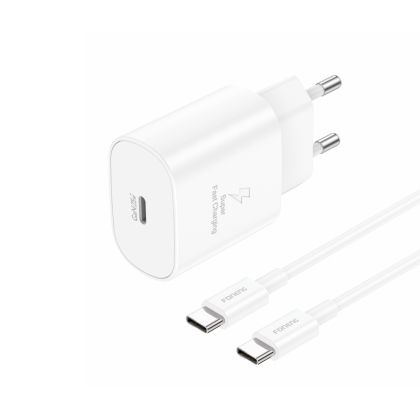 Мрежово зарядно Foneng, EU51 GaN, PD 25W, Type-C, Кабел Type C-Type C, Бързо зареждане, Бяло