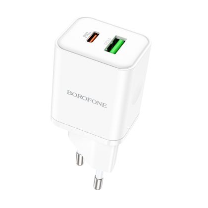 Зарядно адаптер Borofone, BN7 USB+Type C, QC3.0 PD20W, Бързо зареждане, Бяло