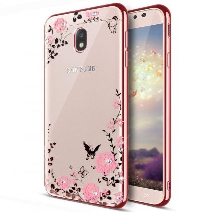 Луксозен гръб Flowers с камъни за Samsung J730F Galaxy J7 (2017), Розово златен