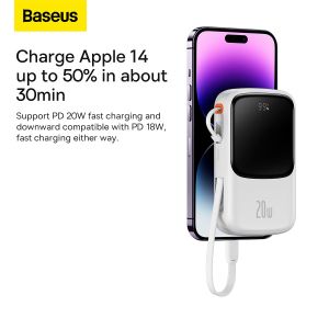 Преносима батерия Baseus, QPow Pro 10000mAh, USB+Type C, PD20W, с кабел Lightning (PPQD060002), Бяла