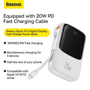 Преносима батерия Baseus, QPow Pro 10000mAh, USB+Type C, PD20W, с кабел Lightning (PPQD060002), Бяла