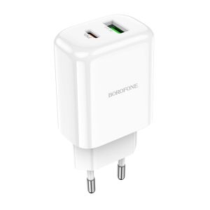 Мрежово зарядно адаптер Borofone, BN4 Potential, USB+Type C, QC3.0 PD2.0 20W, Бързо зареждане, Бяло