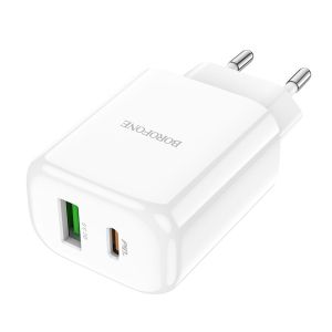 Мрежово зарядно адаптер Borofone, BN4 Potential, USB+Type C, QC3.0 PD2.0 20W, Бързо зареждане, Бяло