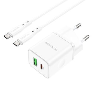 Мрежово зарядно Borofone, BN7, PD 20W QC3.0, USB+Type-C, Кабел Type C-Type C, Бързо зареждане, Бяло