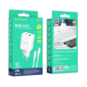 Мрежово зарядно Borofone, BN7, PD 20W QC3.0, USB+Type-C, Кабел Type C-Type C, Бързо зареждане, Бяло