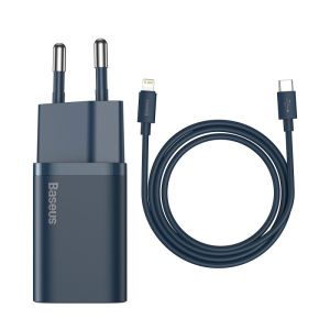 Мрежово зарядно Baseus, Super Si 1C, Type C, QC, PD 20W+3A кабел Type C-Lightning (TZCCSUP-B03), Бързо зареждане, Синьо